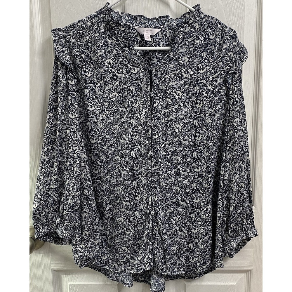 Lauren Conrad Womens Long Sleeve Blouse Animal Button-up Top Blue/White TunicXXL